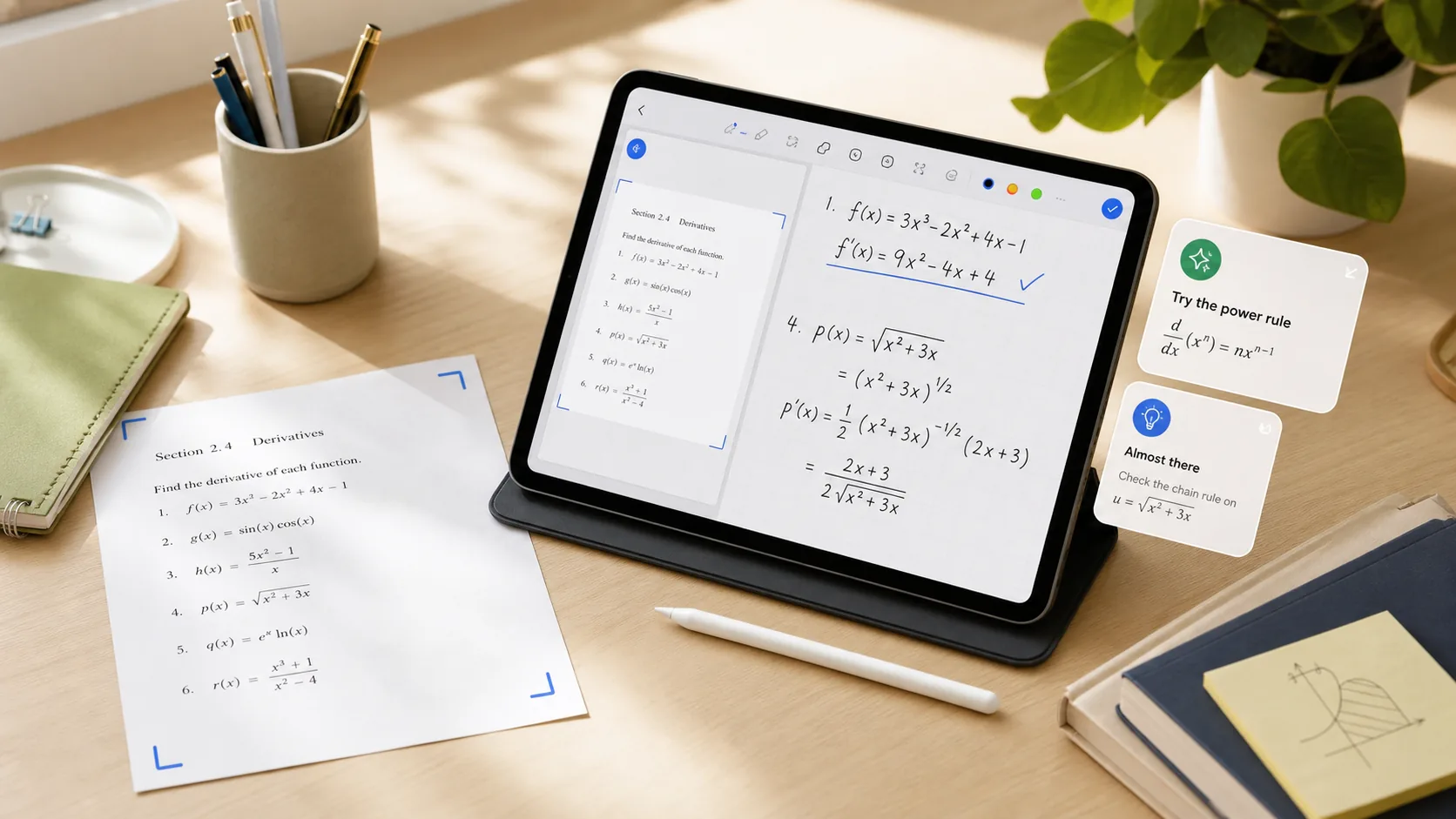 CalcuMentor Scratchpad showing a worksheet beside handwritten calculus work